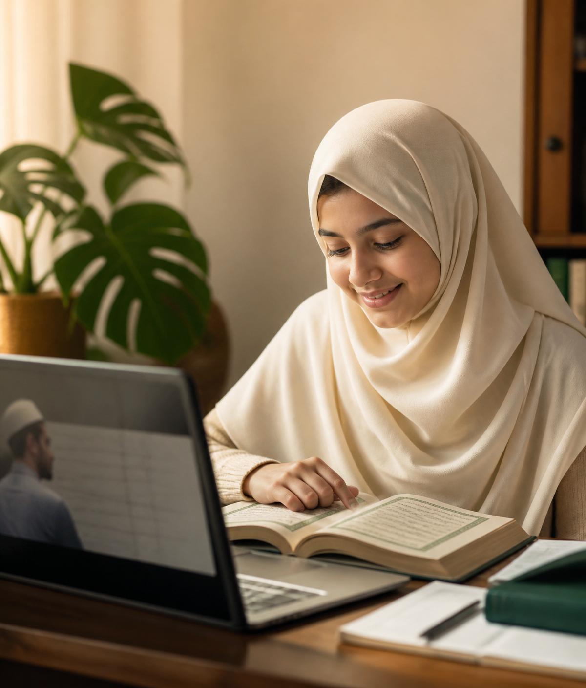 Young student learning Quran online at home
